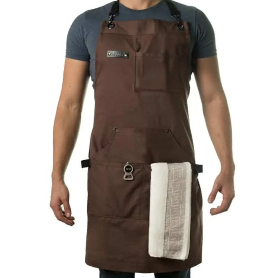 

Asaya Chef and BBQ Apron with Bottle Opener and Hand Towel - 10oz Cotton Canvas Stainless Steel Hardware - Cross Back Straps