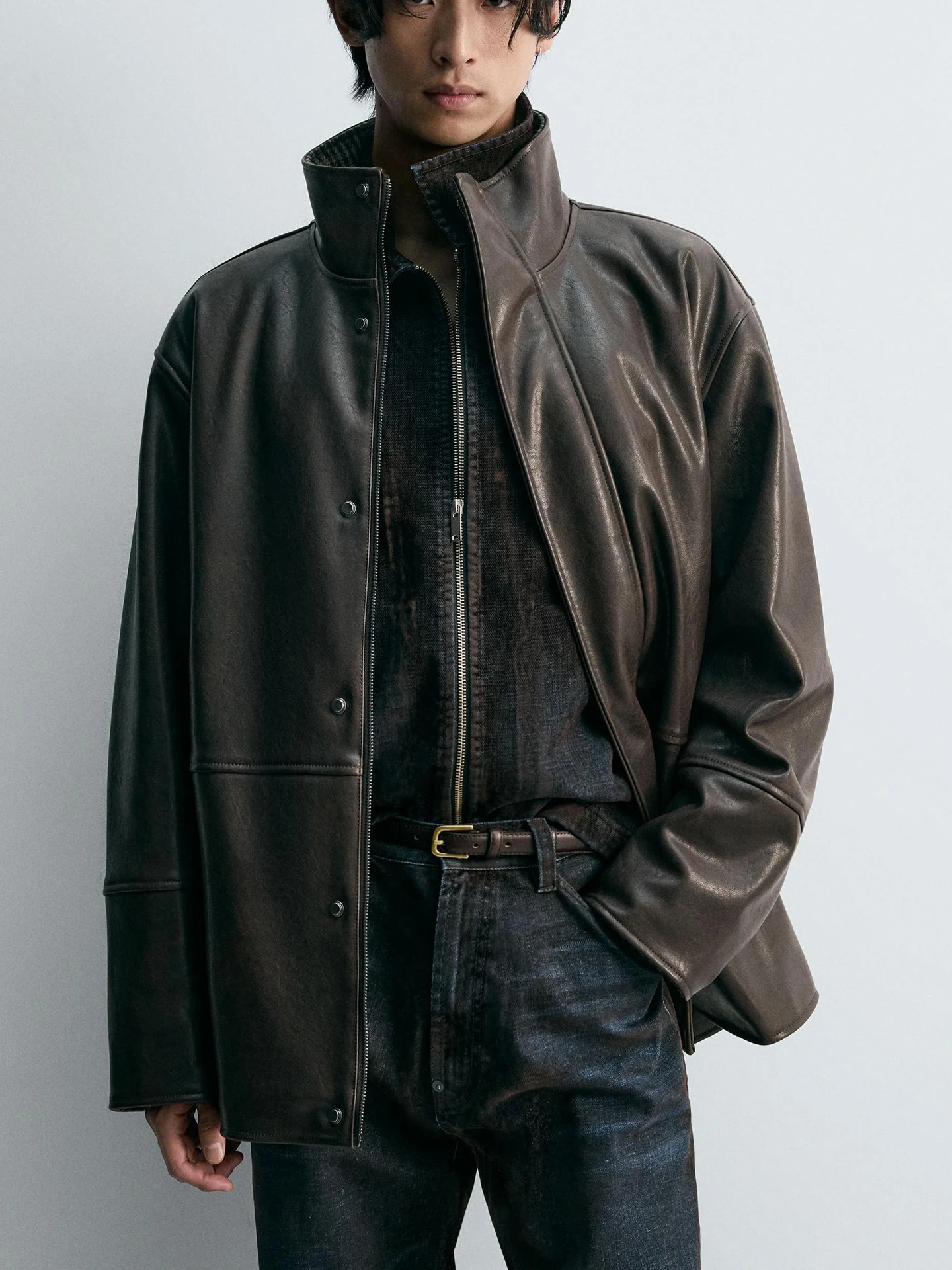 

Новое поступление, мужская свободная куртка с воротником-стойкой, осень-зима, повседневная куртка из искусственной кожи с застежкой-молнией, длинная ветрозащитная куртка