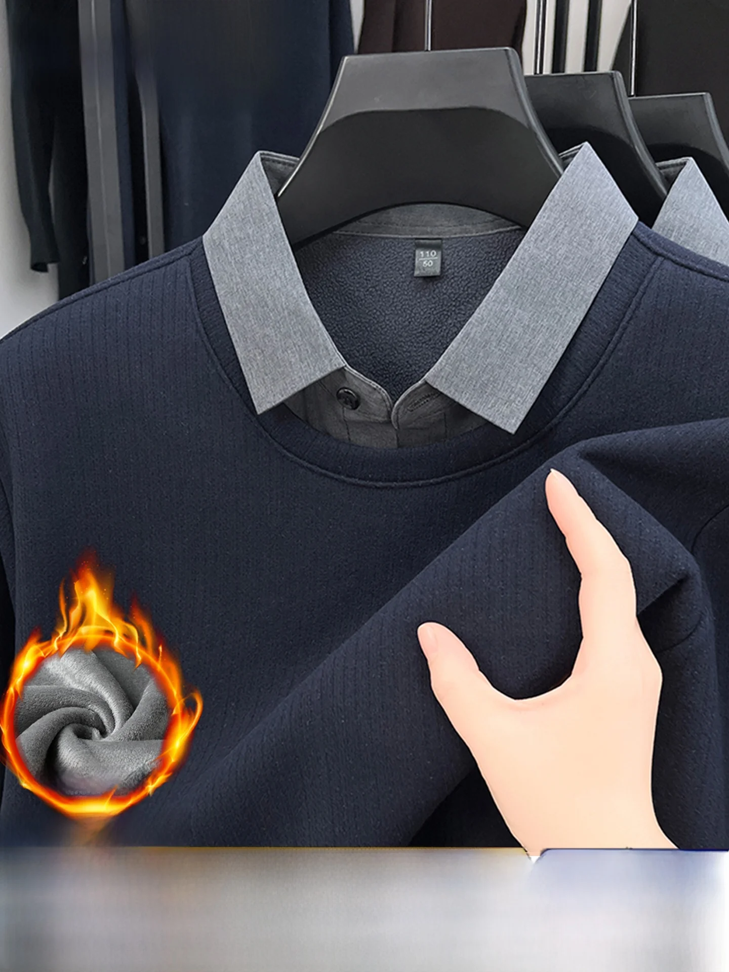 

Men's Fce Lined irt Collar Casual Thi Warm Woolen Knitwear Fake Two-Piece Long Sve Winter Top