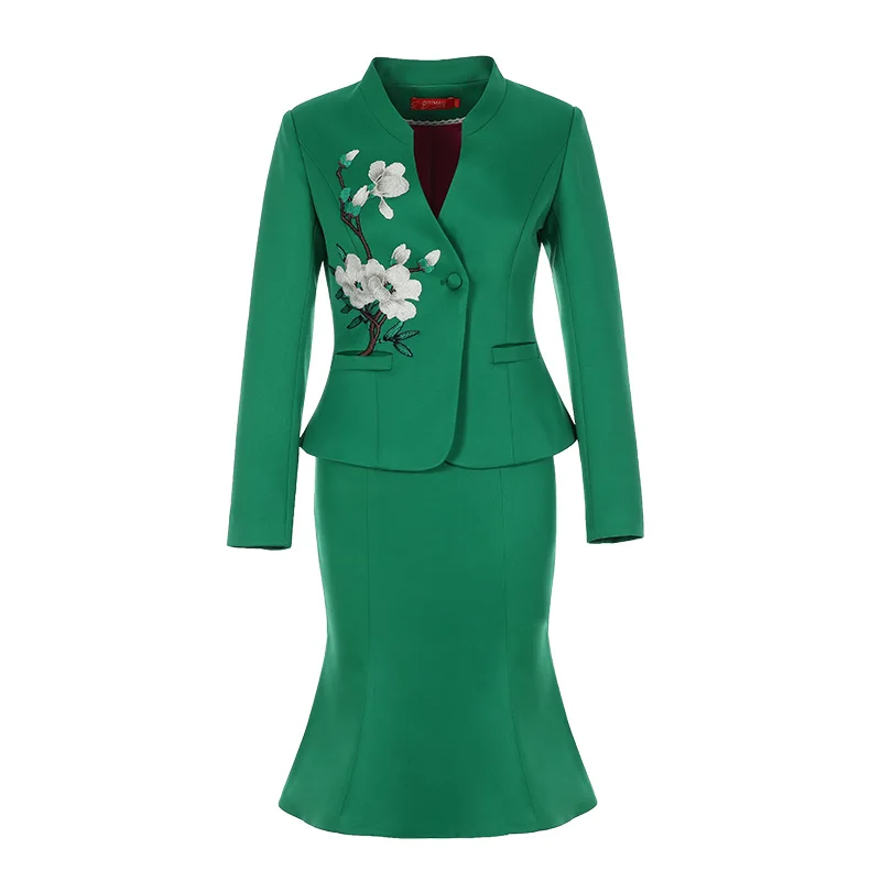 New Chinese Professional Skirt Suits Uniform Embroidered Two-piece Set Blazer & Suits High End Luxury green Office Lady Clothes