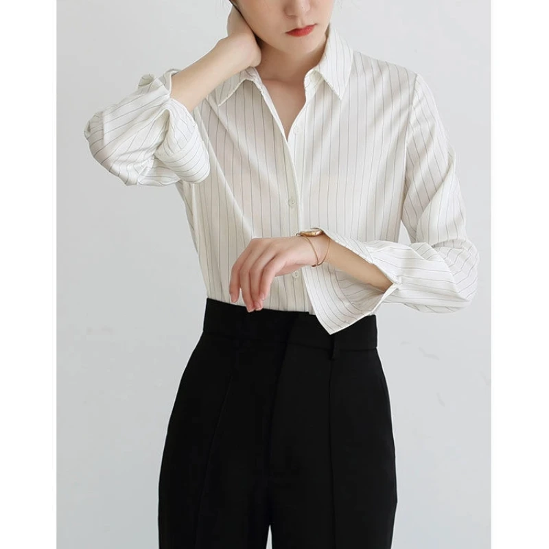 

Офисная женская полосатая блузка на пуговицах с принтом, весна-осень, новая элегантная рубашка-поло с длинными рукавами, топы, модная винтажная женская одежда