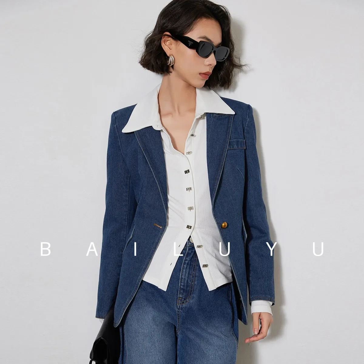 LOUIS YAO Women Denim Coat 2024 Spring Autumn Retro Style One Button Jacket Elegant Fashion Turn Down Collar Long Sleeve Coat