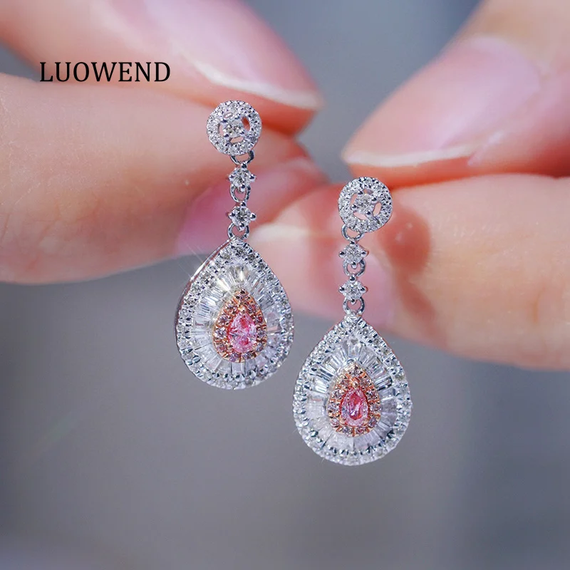 

LUOWEND 100% 18K White Gold Earrings Elegant Design Real Natural Pink Diamond Drop Earrings for Women High Wedding Jewelry
