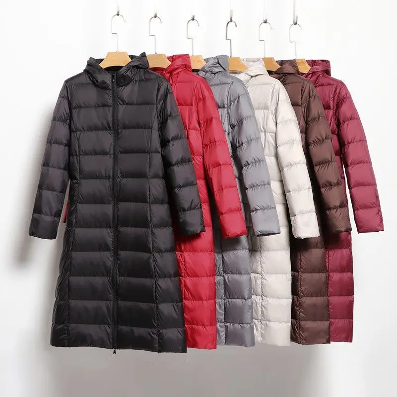 フード付きスリムフィット薄手冬用アウターパファージャケット女性用軽量ダウンジャケットロングホワイトダックダウンコート