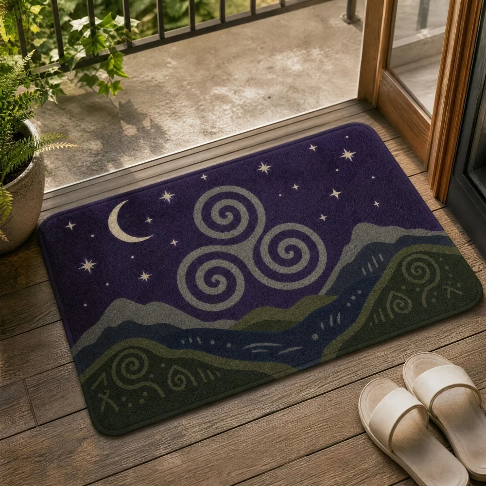 Night Sky Mountain Flannel Door Mat, Vintage Spiral Symbol Printed Indoor Doormat, Washable Non Slip Small Area Rug, Multi Sizes