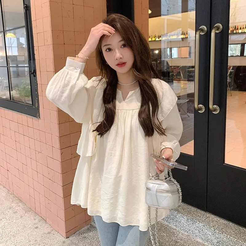 2026 New Autumn Maternity Tops Fashion Korean Style Long Sleeve Blouse Loose Casual Doll‑Shirt Simple Versatile Pregnant Women