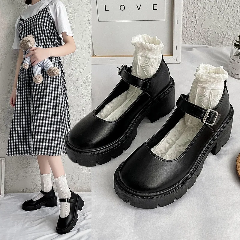 Women Heeled Single Shoes Retro Girls Student Uniform High Heeled Shallow Mouth Low Cut Thick Soled Shoes for Women