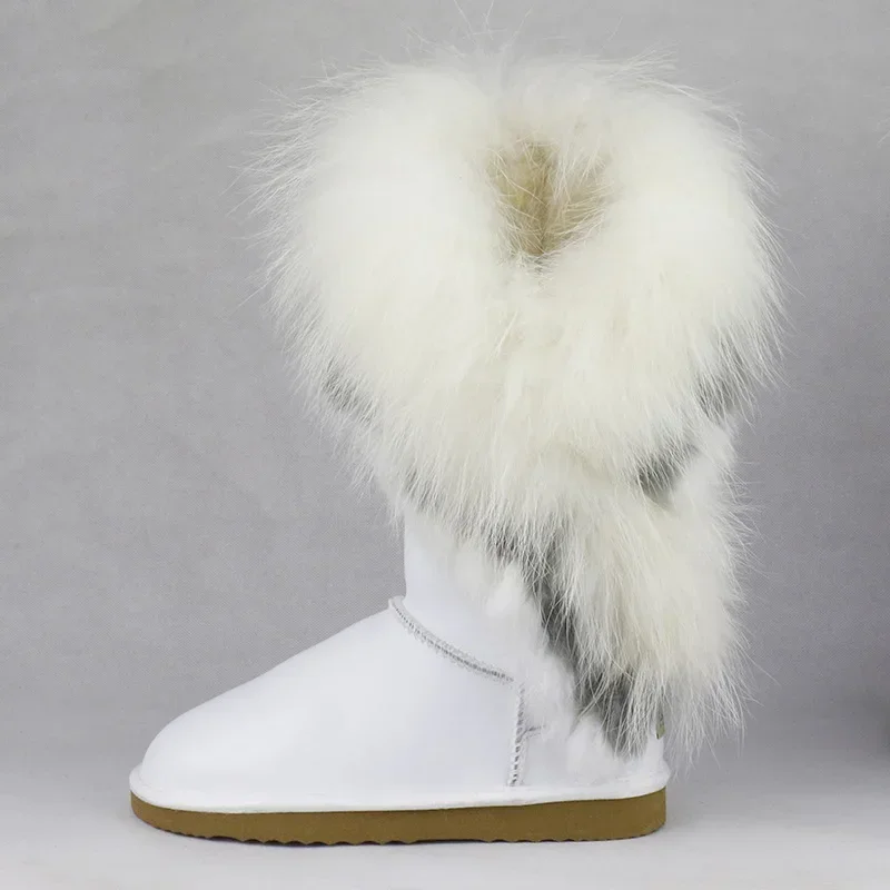 New Fashion Big Natural Fox Fur Snow Boots Real Cow Leather Women High Boots Winter Long Boots Rabbit Fur Tassels Non-slip Shoes