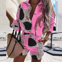 Fashion Buttons Stripe Shirts And Shorts Two Piece Sets Women 2024 Summer Casual Leopard Print 2 Piece Set For Women Tops Femme