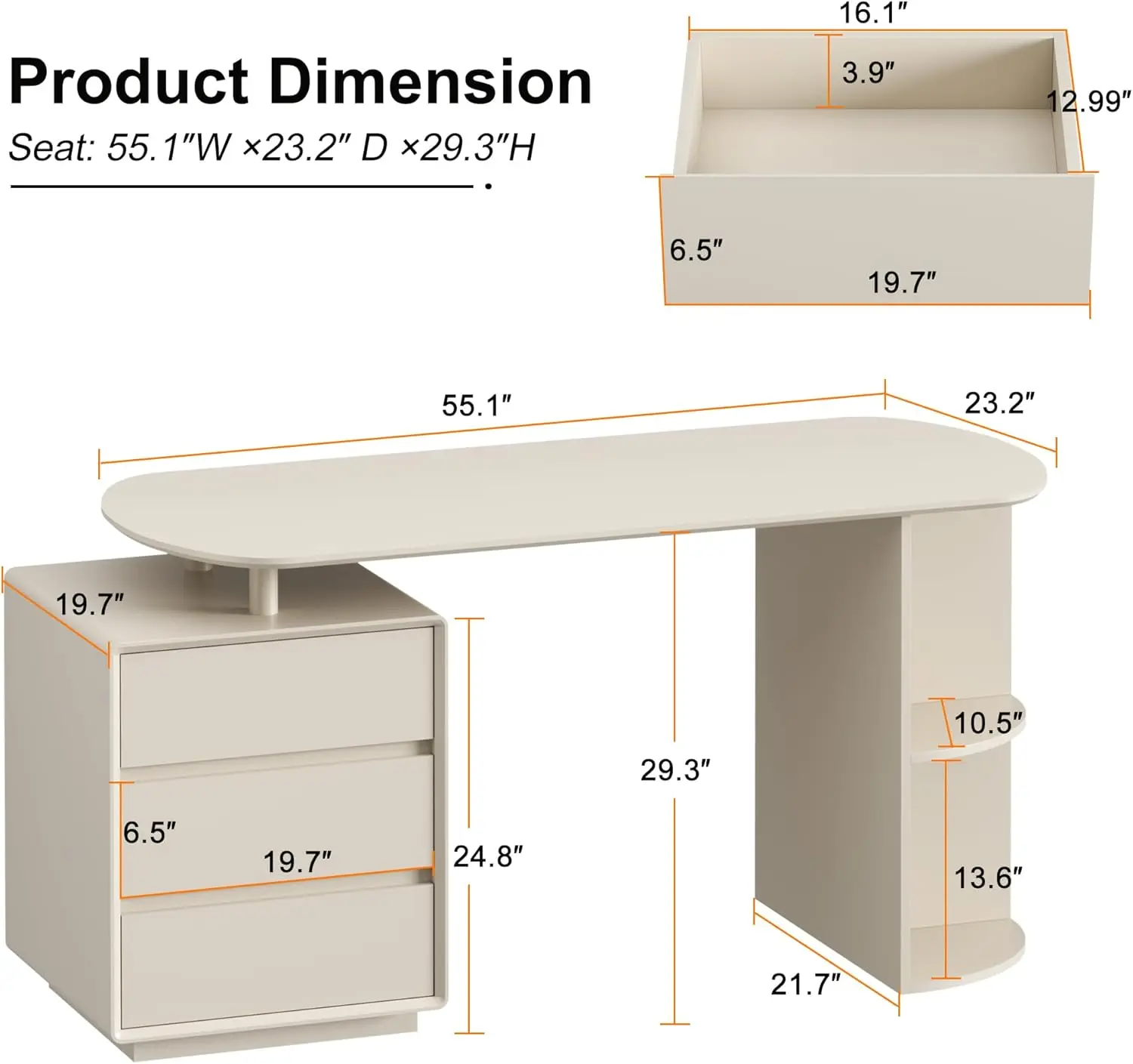 Computer Desk, 55inch Home Office Desk with Drawers and Storage Shelves, Cream White Desk Modern Simple Style Laptop Desk,