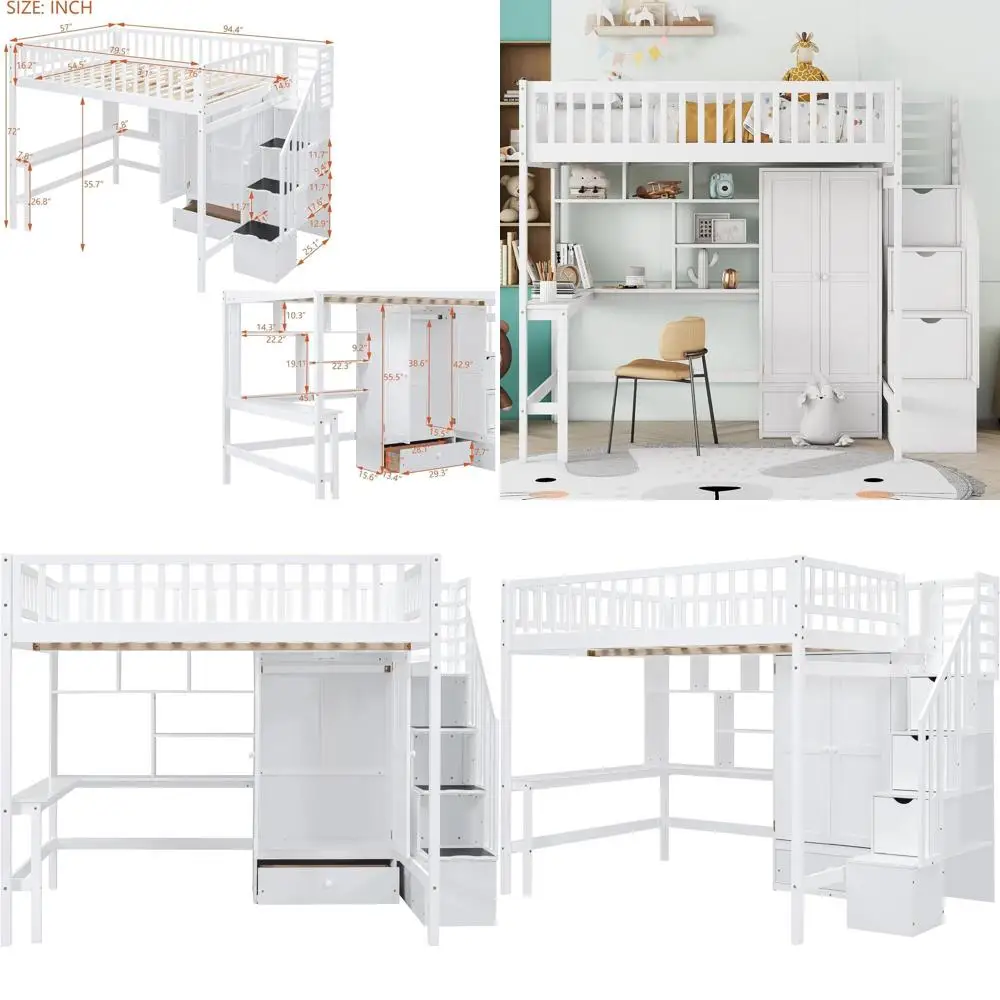 

Stylish Loft Bed with Stairs, Wardrobe, and Desk for Kids and Teens in White