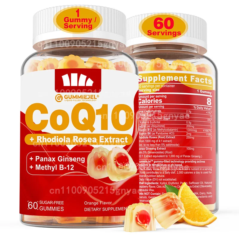 Caramelo blando de coenzima Q10 sin azúcar, con Omega-3, vitamina B3 y zinc, antioxidante, 60 gomas aromáticas con sabor a frambuesa