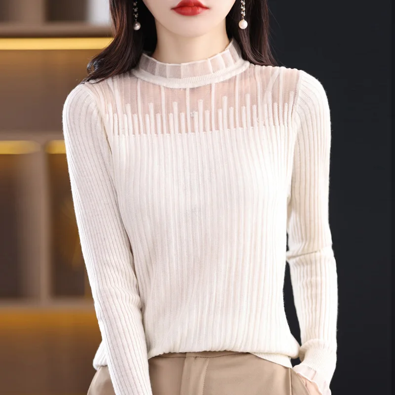 

2023 Autumn/Winter New Lace Long Sleeve Sweater Women's Half Turtleneck Hollowed Out Top Worsted Knit Base Shirt