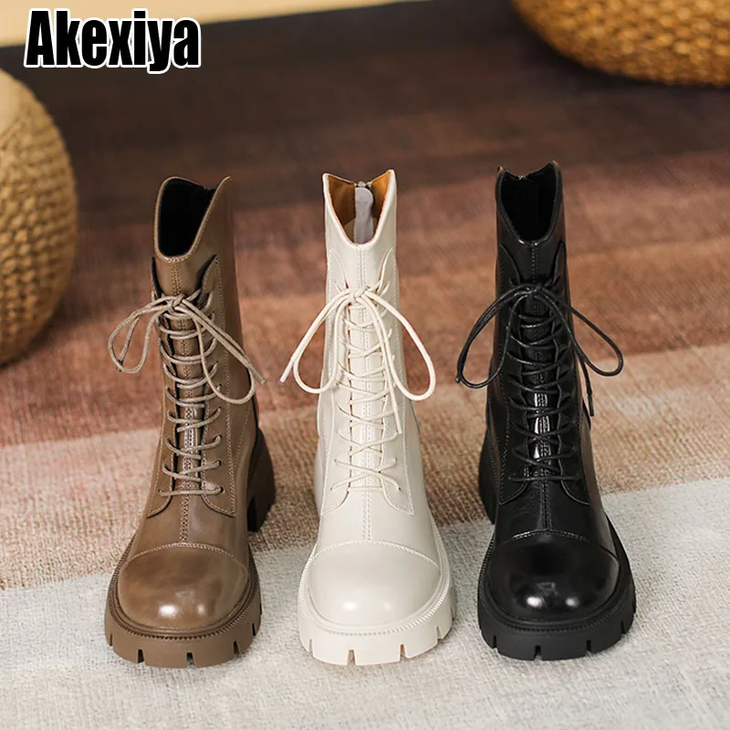 

Front Lace-up Combat Boots Chunky Heel Platform Women Ankle Boots Thick Sole Increase Height Motorcycle Boots bc7079