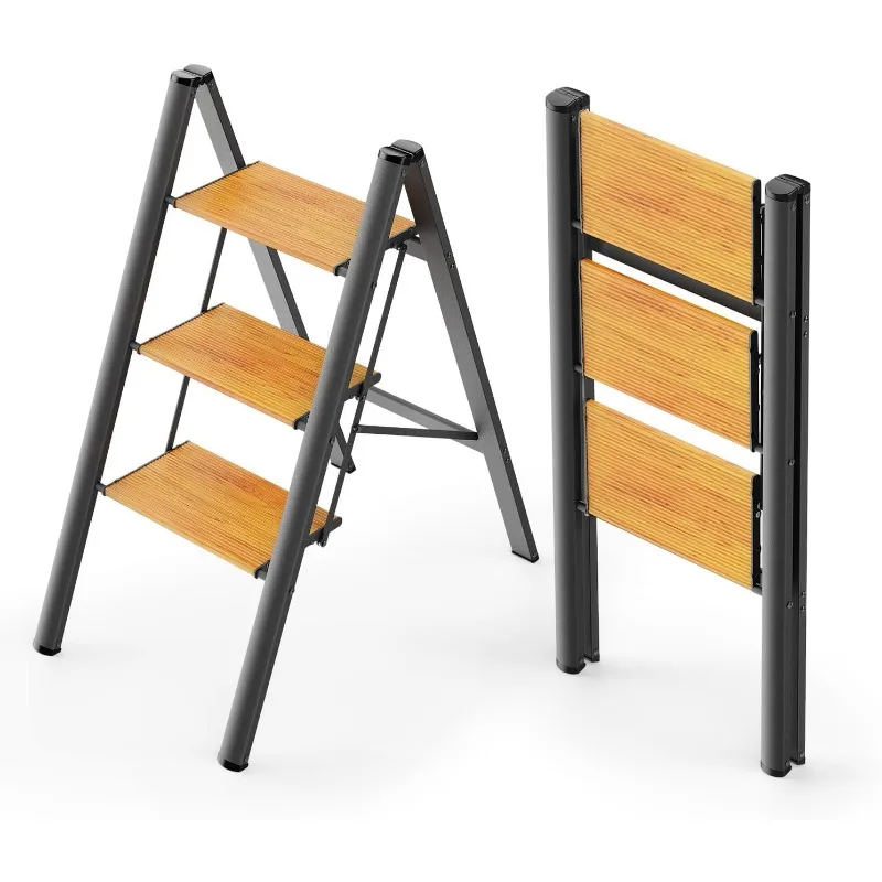 3 Step Ladder, Portable Step Stool to Reach High, Lightweight Aluminum Ladder 300 lbs Capacity, Foldable Compact Ladder