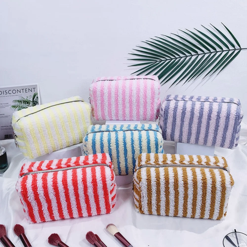 Winter Travel Cosmetic Bag For Men Women Soft Makeup Bag Stripe Beauty Toiletry Bag Makeup Brush Lipstick Storage Organizer