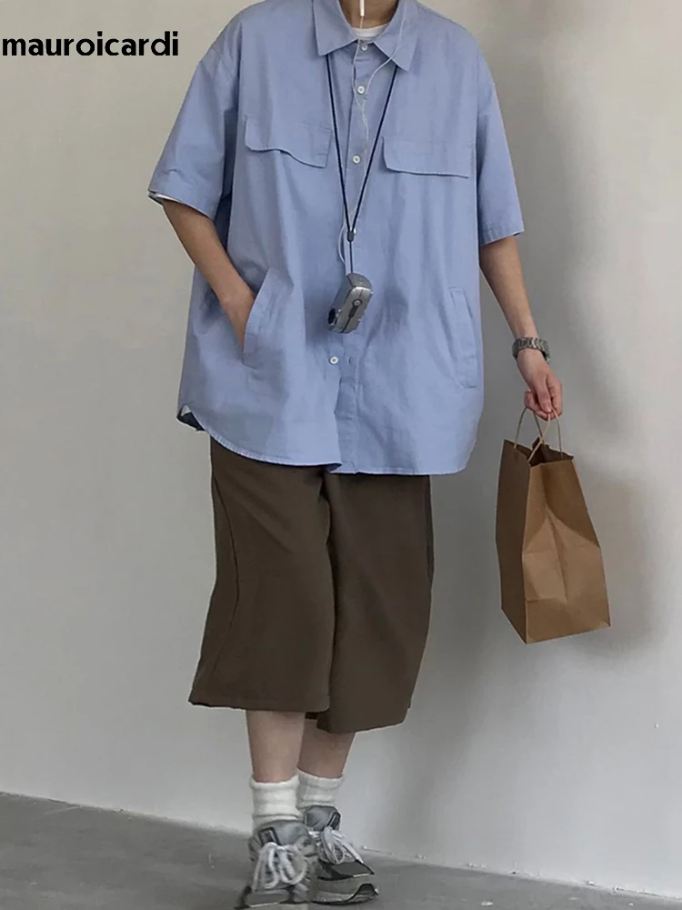 Mauroicardi Spring Summer Loose Casual Soft Flowy Lightweight Wide Leg Shorts for Men Elastic High Waist Korean Fashion 2024