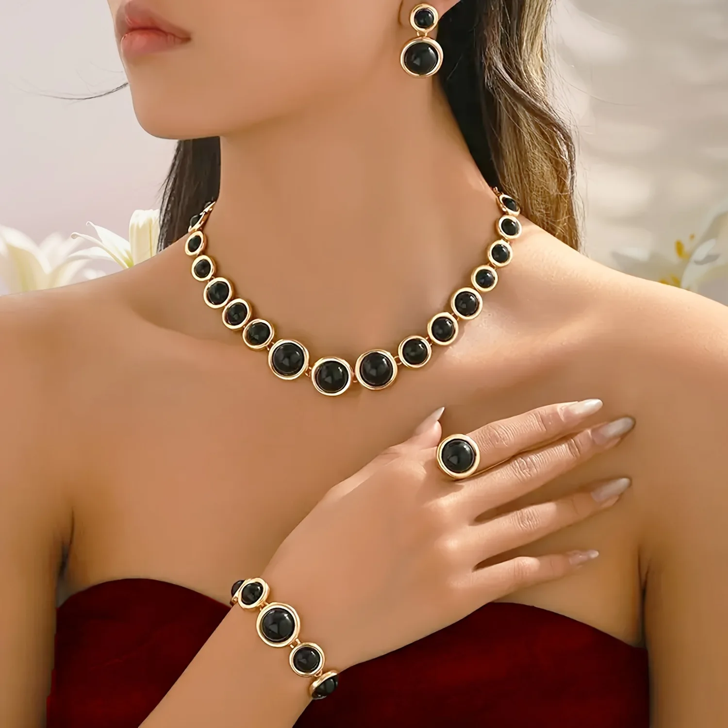 

5-Piece Geometric Circle Jewelry Set for Women,Chic Stackable Bracelet Necklace Earrings Ring,Minimalist Dainty Accessories Gift