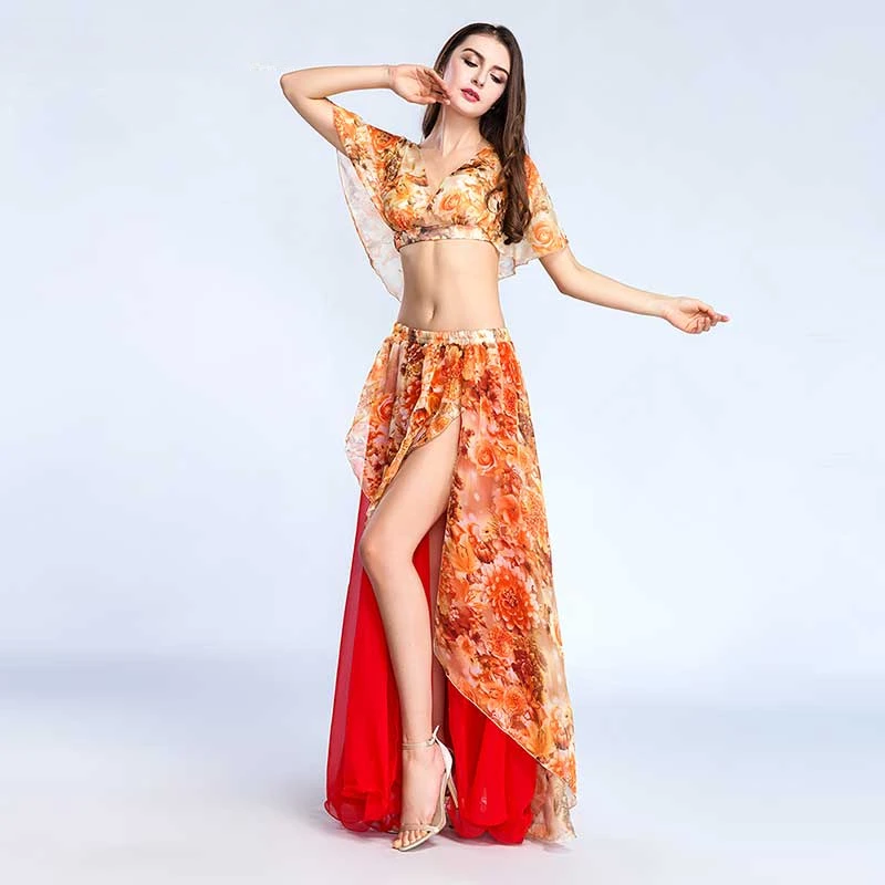 Belly dance dress Women's training dress Wrinkle-proof chiffon fabric double slit long dress (with adjustable buckle)