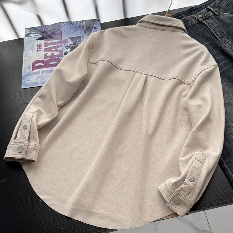 سترة قميص أنيقة بأكمام طويلة وزر واحد من الجلد المدبوغ، تصميم عصري بملمس راقٍ، قصة قياسية، مزيج من البوليستر للرجال متوسطي العمر #3