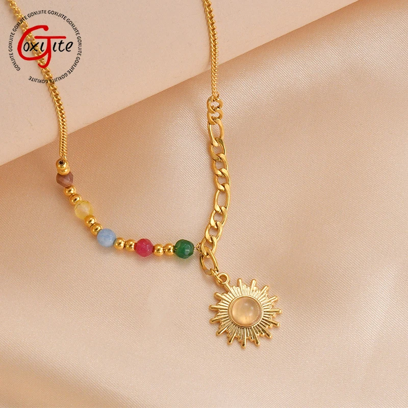 Goxijite 2023 Women Colorful Beaded Necklace Stainless Steel Sun Pendant Necklaces For Girls Best Party Jewelry Gift