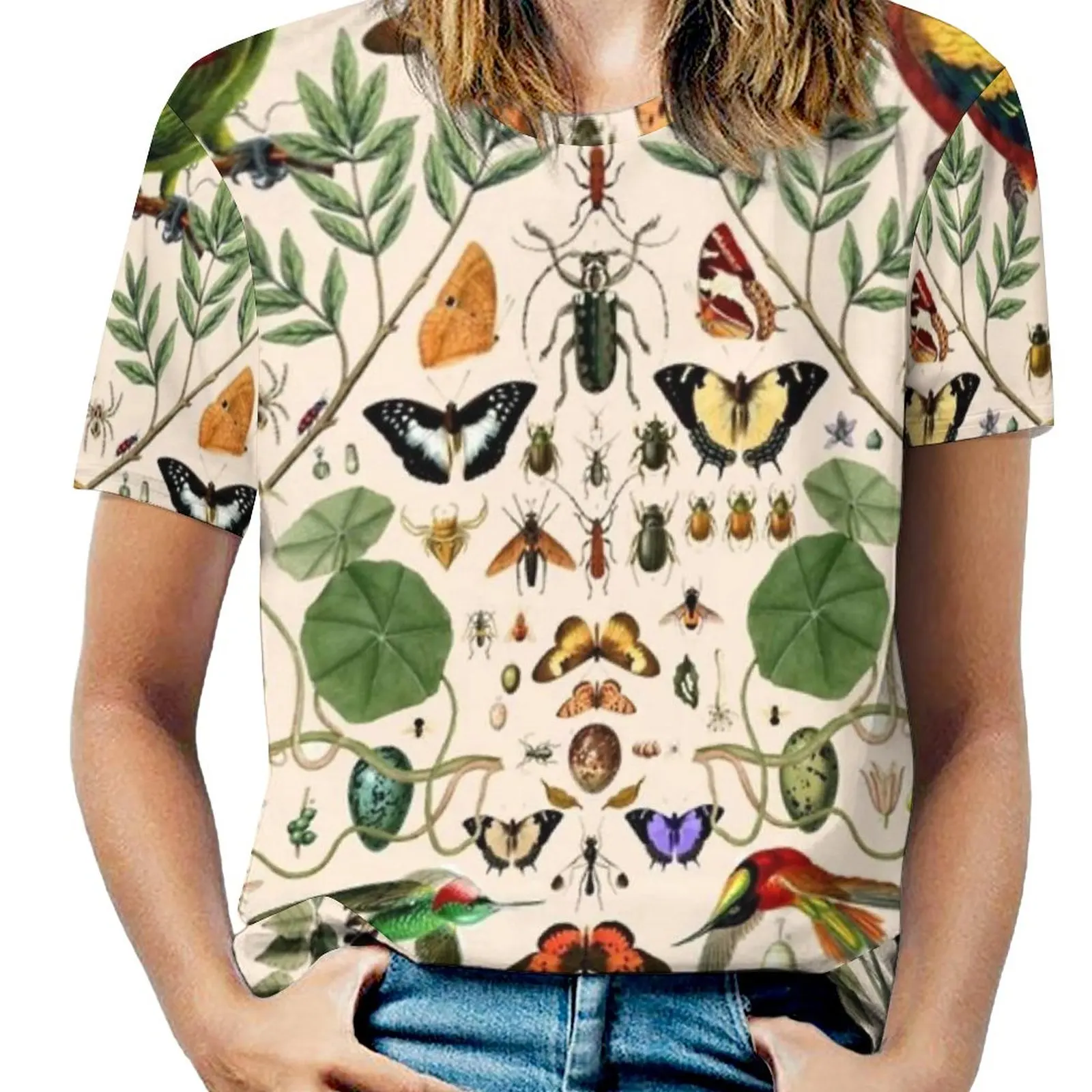 女性のためのヴィンテージプリントTシャツ,セクシーなジッパートップ,ナチュラルバタフライ,シームレス,詳細,404