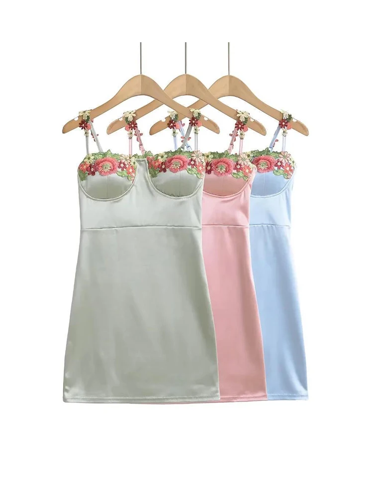 

Summer Floral Embroidery Satin Dress Women Camisole Backless Mini Dresses