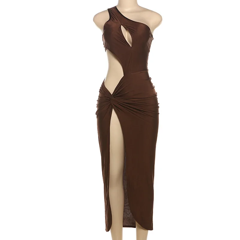 Bangniweigou Slant ไหล่เดี่ยวไม่สมมาตร cutout High Slit Elegant Dress เอว Bare Evening PROM Robe สีดําสีน้ําตาล