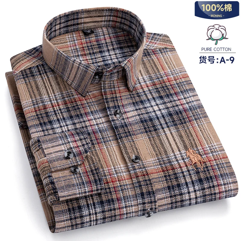 No Pockets M-7XL 100 Cotton Long Sleeve Shirt for Men Plaid Shirt Regular Fit Men Shirt Long Sleeve Male Social Formal Shirts