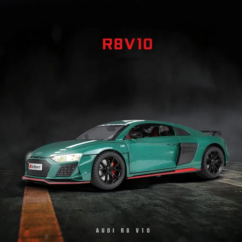 รถของเล่น R8 V10 Plus อัลลอยด์หล่อขึ้นรูป ขนาด 1:24 พร้อมพวงมาลัย ล้อเลื่อน เสียงและไฟ ของสะสม ของขวัญวันเกิด