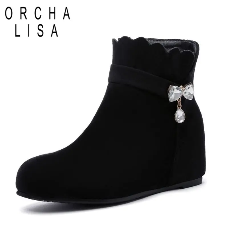 

ORCHALISA Leisure Women Ankle Boots Round Toe Increased Heels 5cm Flock Suede Zipper Crystal Pendant Plus Size 42 43 Daily Bota