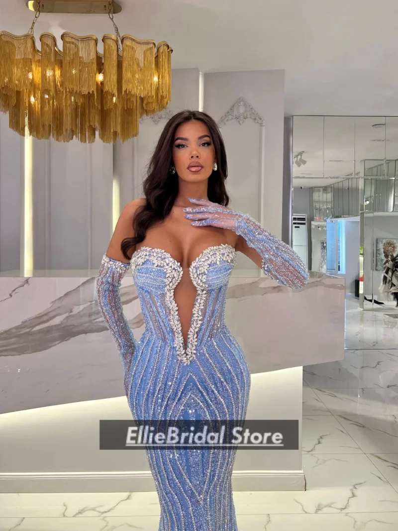 Eleganti abiti da sera azzurri per ragazze africane Abito da cerimonia nuziale con paillettes di cristallo di lusso con strascico staccabile personalizzato