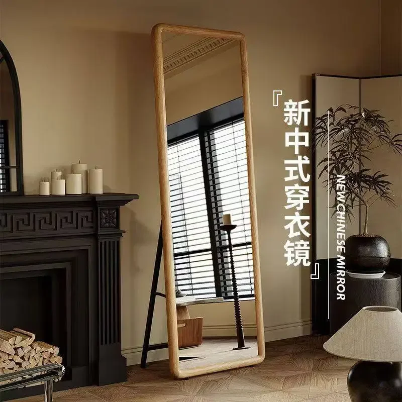Medieval solid wood full-body mirror floor mirror household living room full-length mirror light luxury high-end wall-mounted