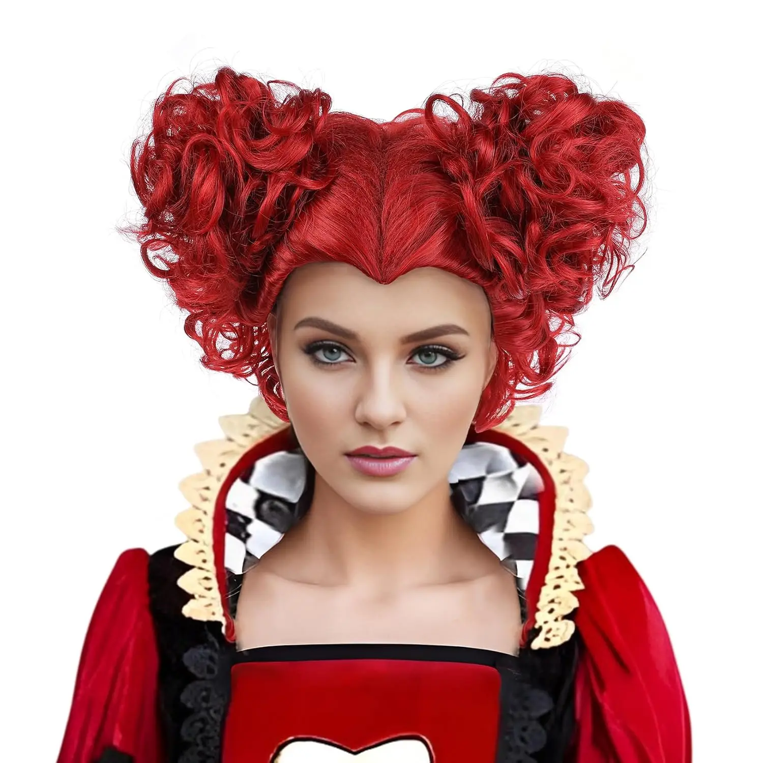 Red Curly Heart Bun Wig with Crown Queen Synthetic Wig Cosplay | for Halloween Christmas Party