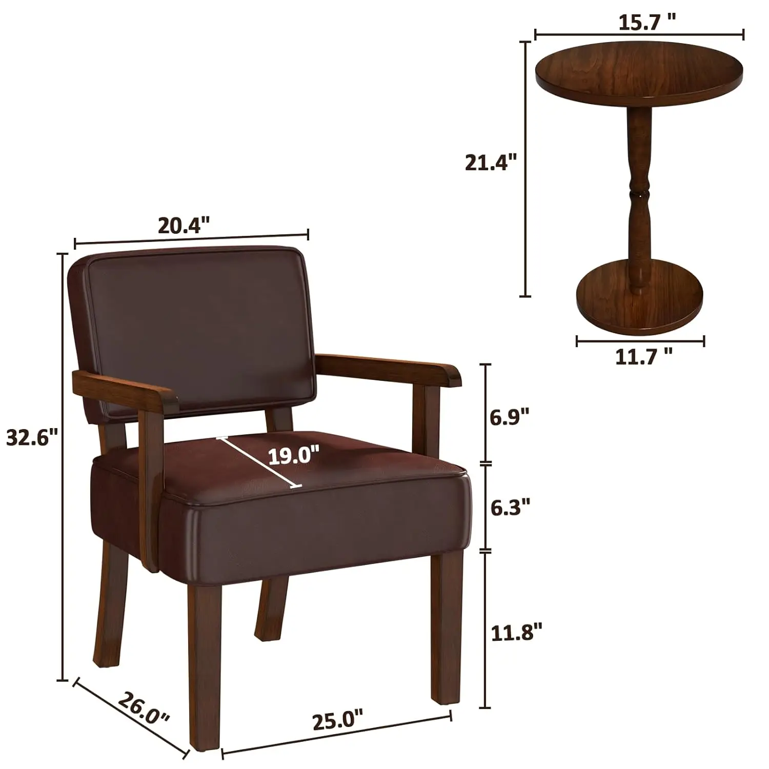 Solid Wood Armchair Set with Table, Faux Leather Accent Chair with Thick Cushion for Bedroom & Office, 2 Pack, Customized