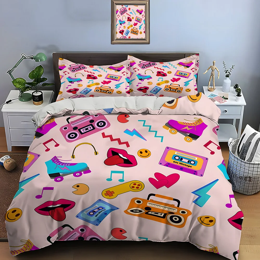 Retro Trendy Elements Illustration Pattern Duvet Cover Set Digital Print Polyester Bedding with Zipper Closur for kids gifts