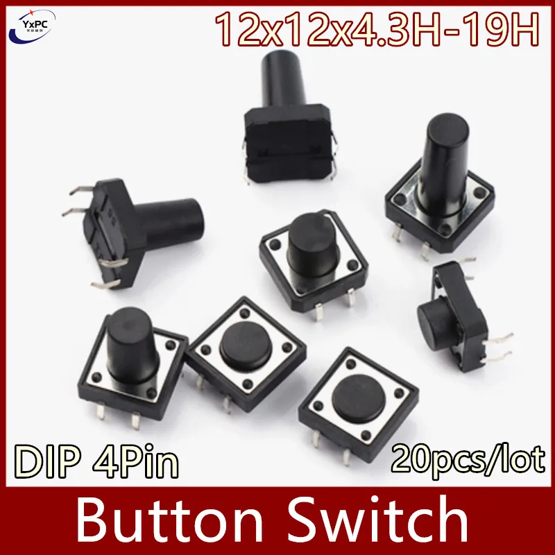 20pcs 12*12 Tactile Tact Mini Push Button Switch Micro switchs 12x12x 4.3/5/6/7/8/9/10/11/12/13/14/15/16/17/18/19 DIP 4pin