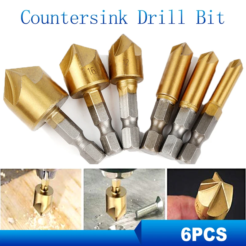 

6Pcs Titanium-Plated Five-Blade Hole Drill Bit Wooden Metal Stainless Steel Reaming Bit Countersunk Single-blade Chamfering Tool