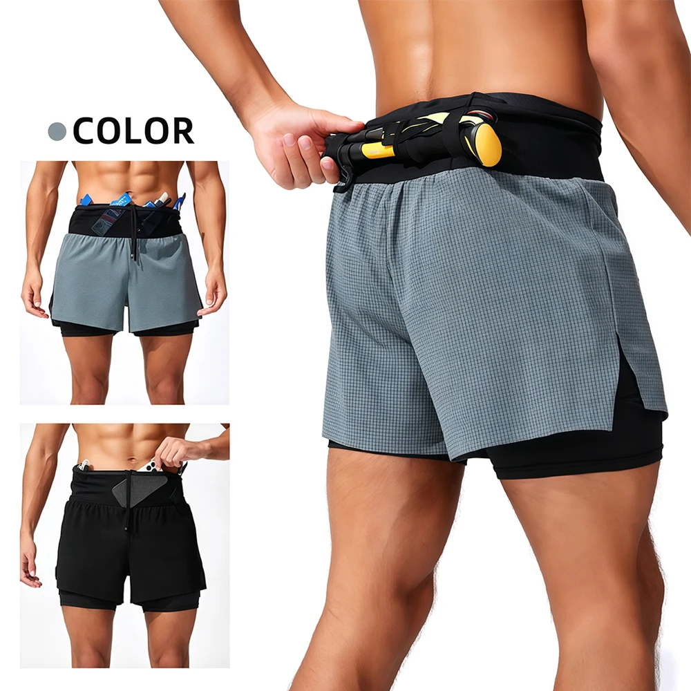 1 Stück Herren 2-in-1 Laufshorts mit Hüfttaschen Schnelltrocknende Trainingsshorts Trekkingstöcken-Halter Outdoor-Wandern