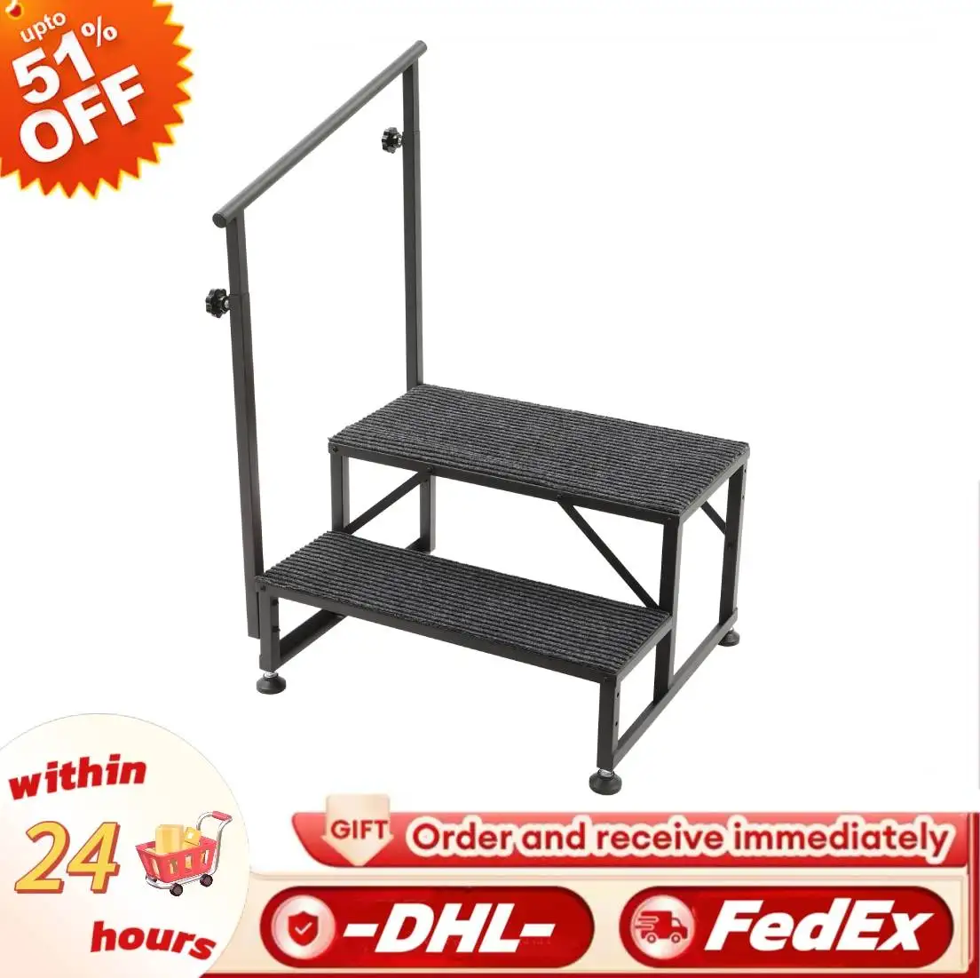 خطوات الشرفة بخطوتين مع درابزين جانبي واحد ووسائد ناعمة سلم غير قابل للانزلاق مقعد محمول ديكور منزلي لمقطورة السفر #1