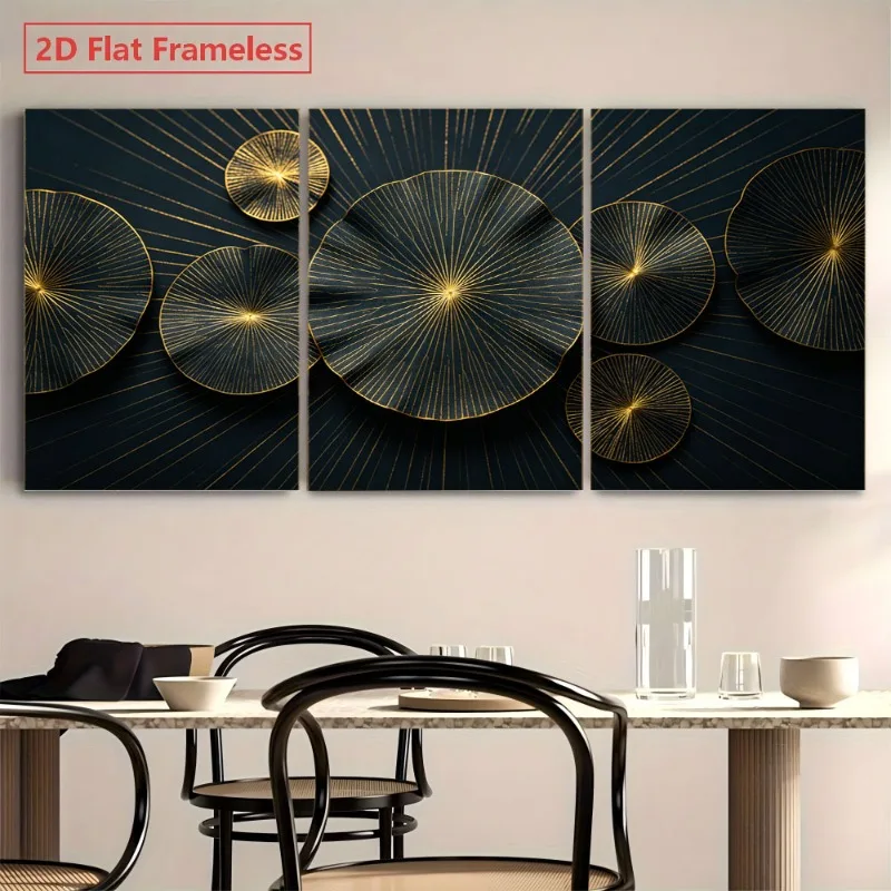 2D Flat, 2D Flat 3pcs 2D Flat Unframed Canvas Wall Art: Modern Golden Radiant Circles on Deep Navy Background, Contemporary A