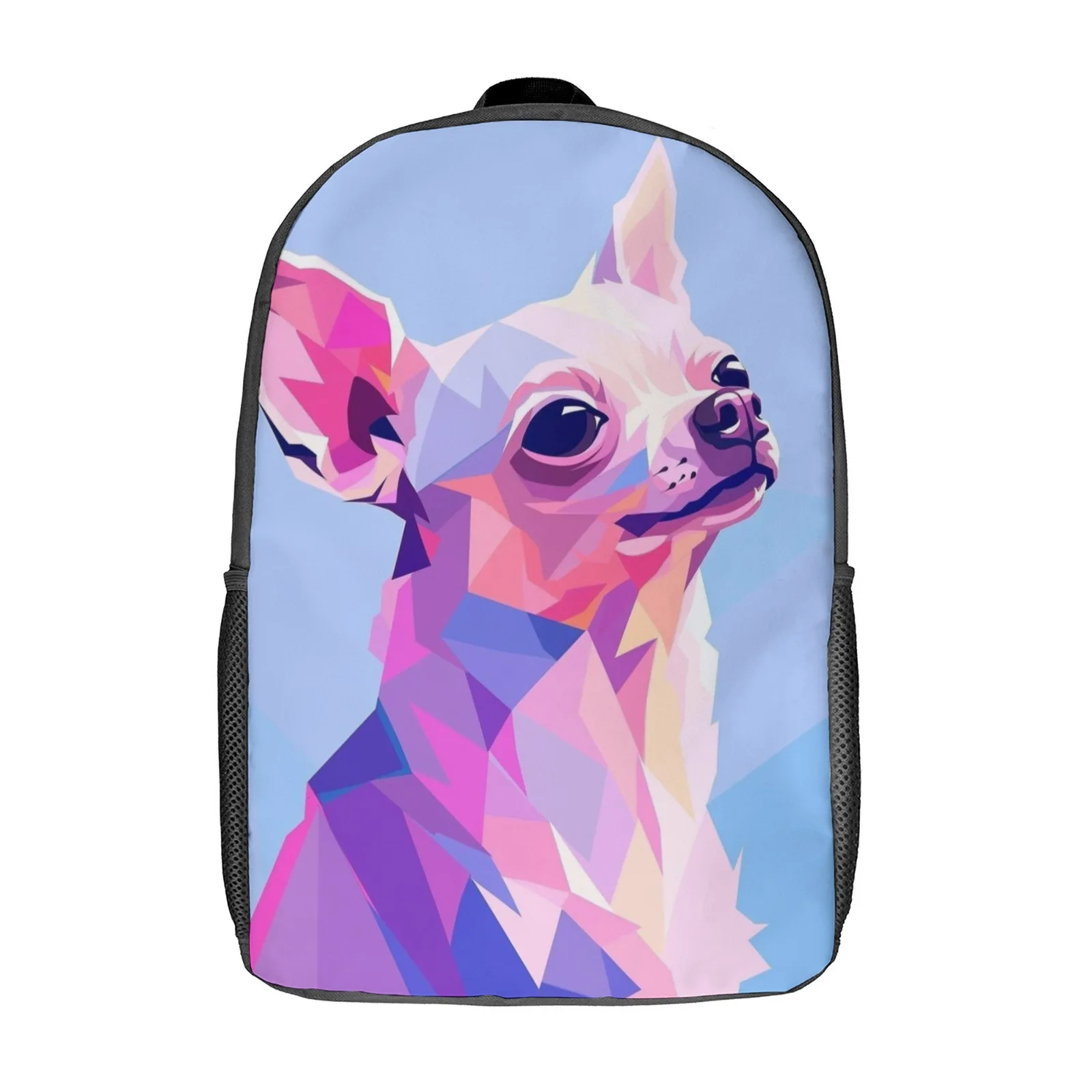 Borsa per libri stampata con faccia geometrica di Chihuahua Borsa per asilo Borsa per zaino da scuola per ragazze da 17 pollici