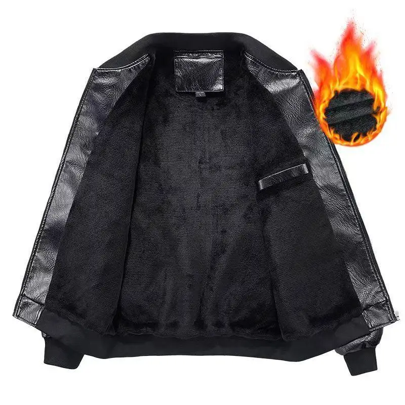 Spring and Autumn New American Retro Embroidered Black Leather Jacket Men's Motorcycle Coffee Color Fleece Lined Leather Jacket