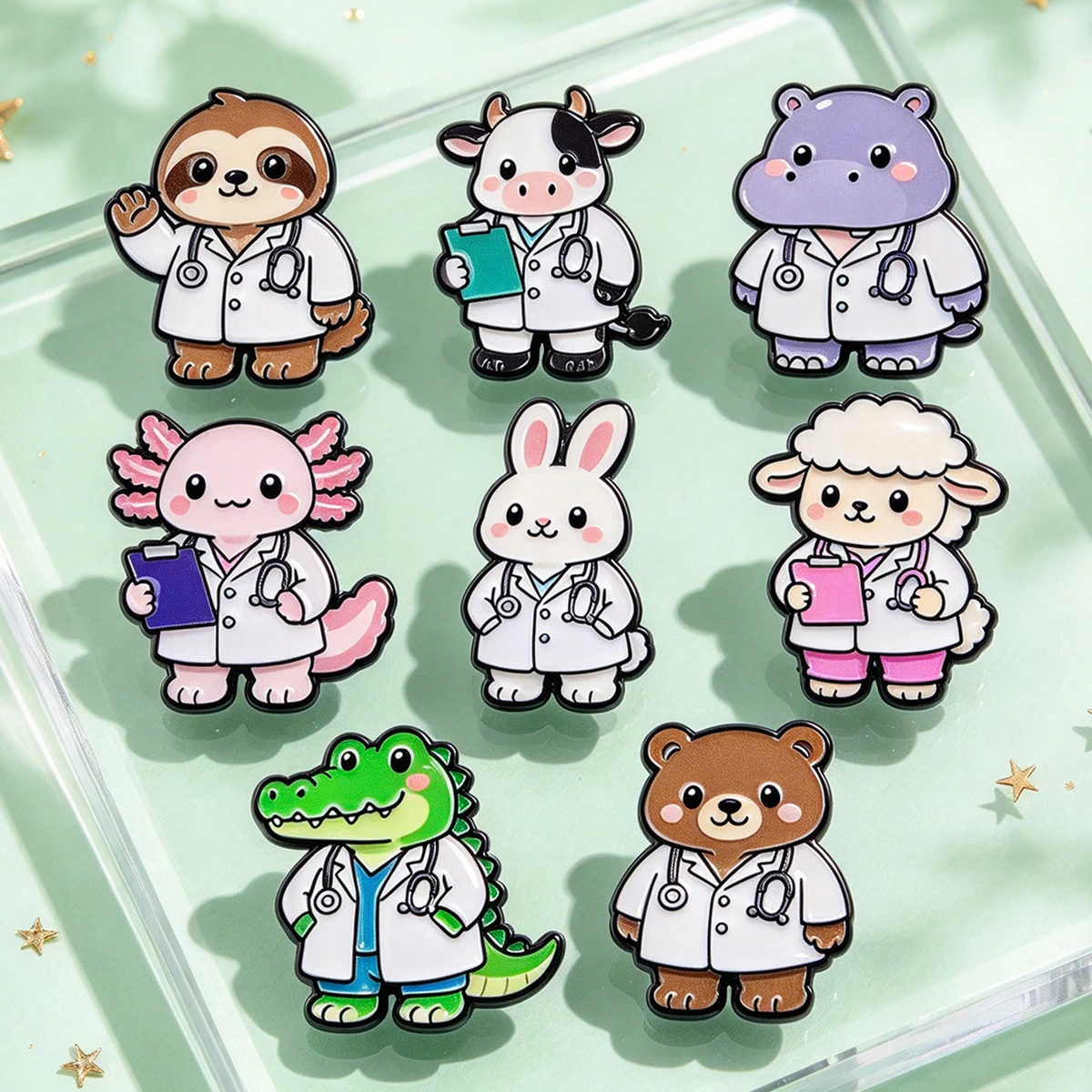 8-12pcs Lovely Animal Doctor Enamel Pin Set Elephant Otter Axolotl Rabbit Brooch Backpack Lapel Badge Jewelry Accessories Gifts