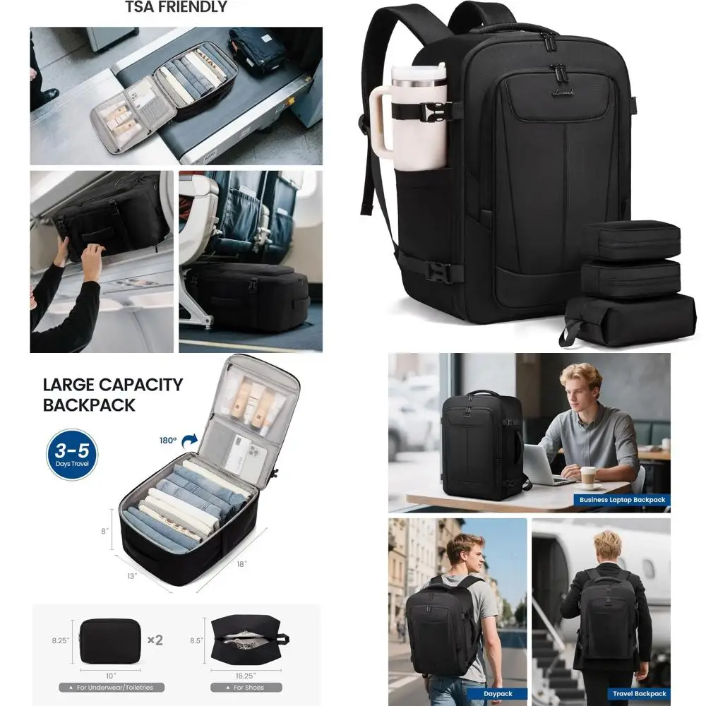 Mochila de viagem masculina 40L, aprovada para bagagem, 3 cubos de embalagem, cabe em laptop 17,3, resistente à água, preta