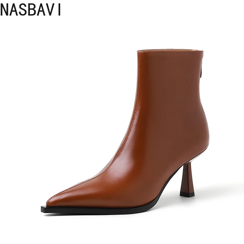 

NASBAVI 2026 Fashion Women Ankle Boots Cow Leather Autumn Winter Boots Zipper High heels Pointed Toe Black Dress Shoes 34-40