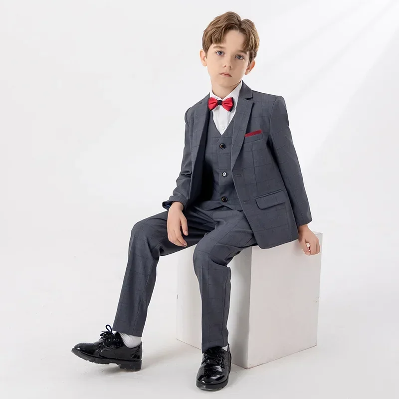 Boys Blue Grey Slim Fit Suits Formal Wear Children Teenager Best man Host Performance Clothes Kids Students Party Full Dress