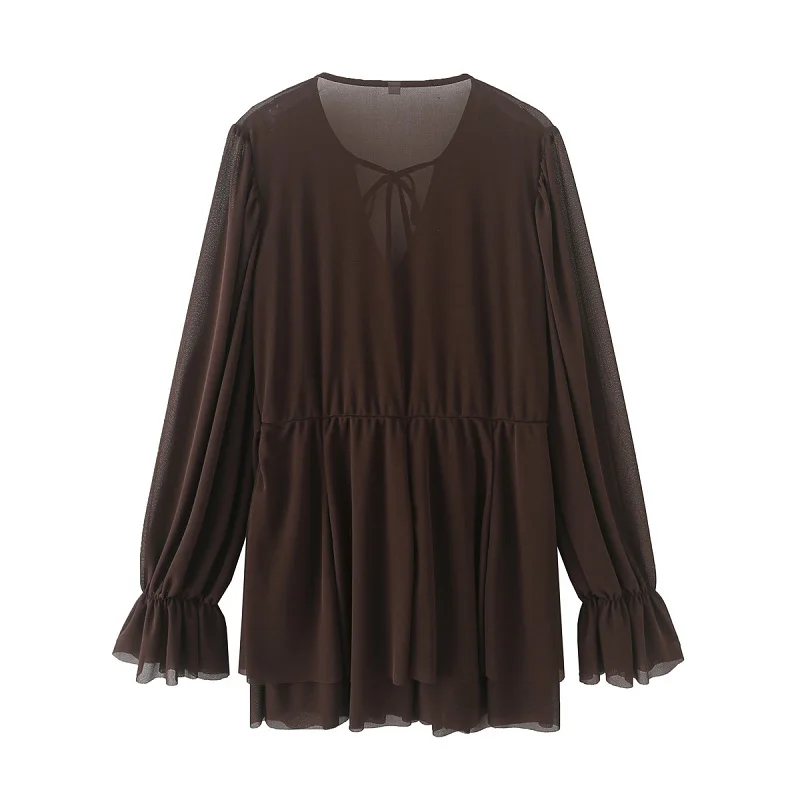 MUJER 2025 Rüschen Kurze Kleider für Frauen Plissee Tüll Partykleid Frauen Semi Sheer Damen Sommerkleid Fee Minikleid Frau