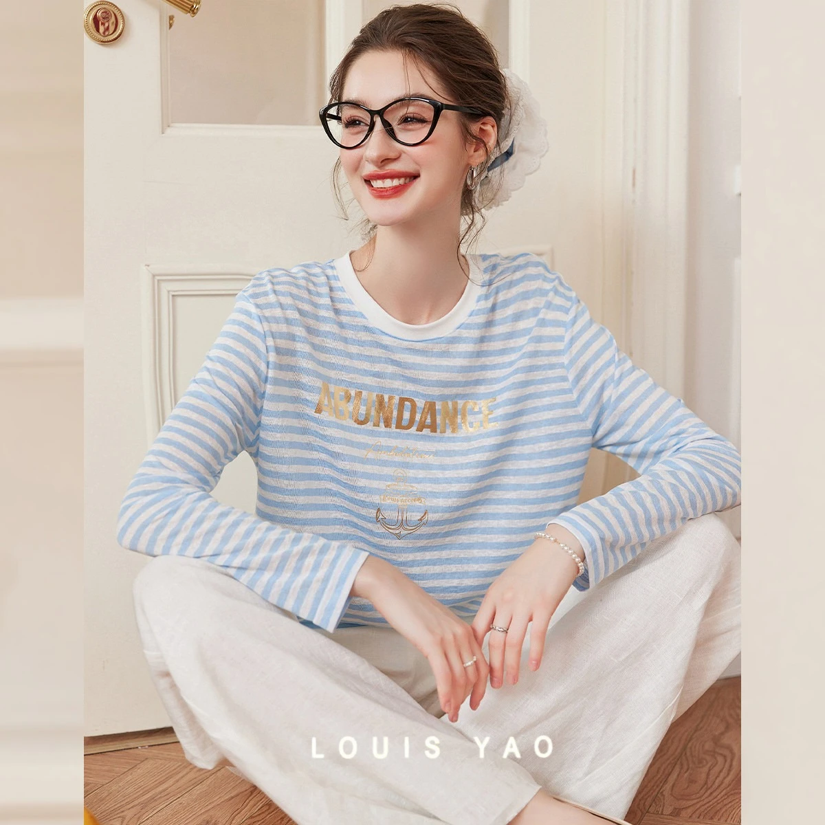 

LOUIS YAO Striped Print Sweet T-Shirt 2025 Autumn Contrast Colors Minimalist Women's Tees Slightly Stretch Crew Long Sleeve Top