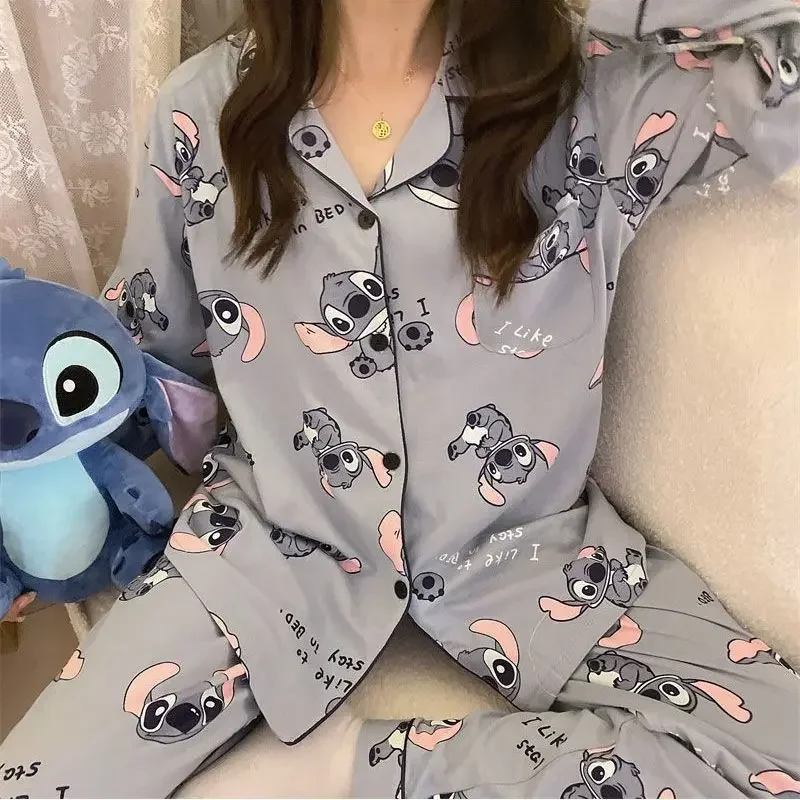 2Pcs Set Disney Stitch Pajamas Set for Women Japanese Cute Cartoon Students Long-Sleeved Trousers Home Service Suit Gifts